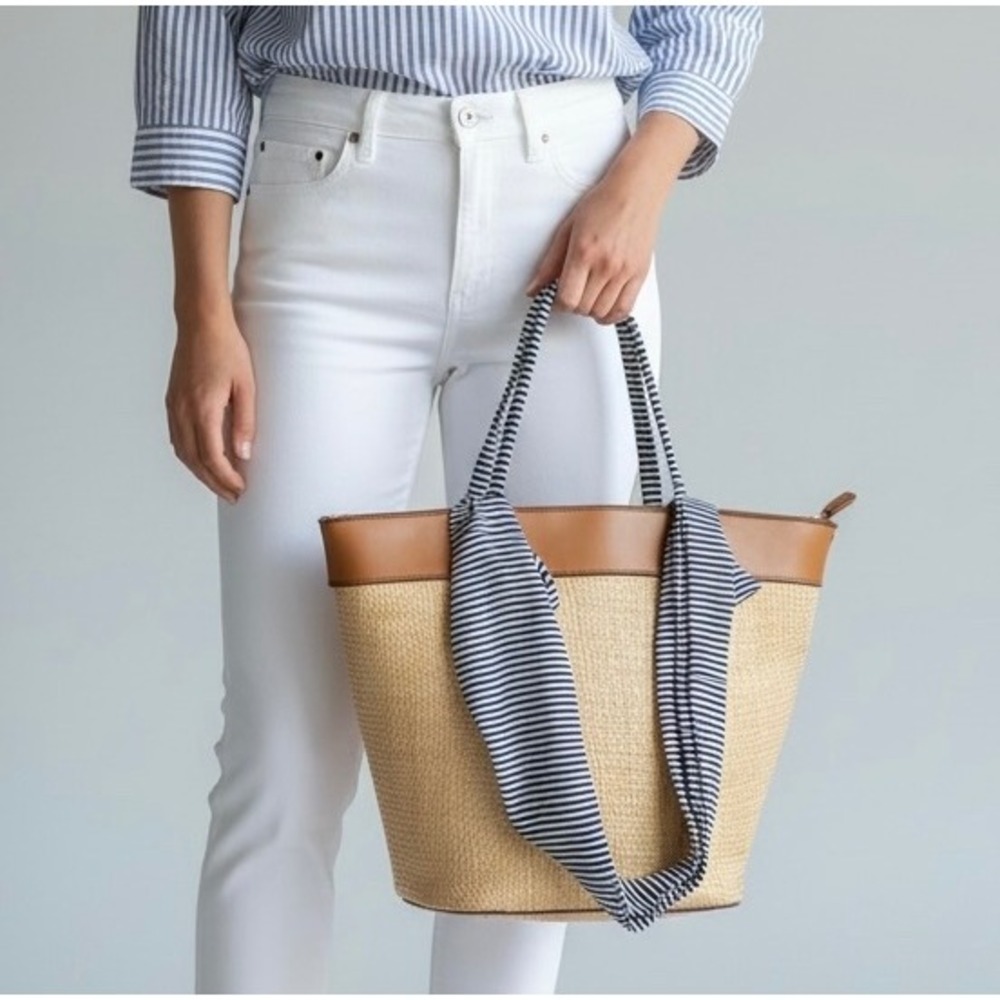 Straw Tote Bag Tan Blue White Striped Handles Large Beach Bag Summer Coastal